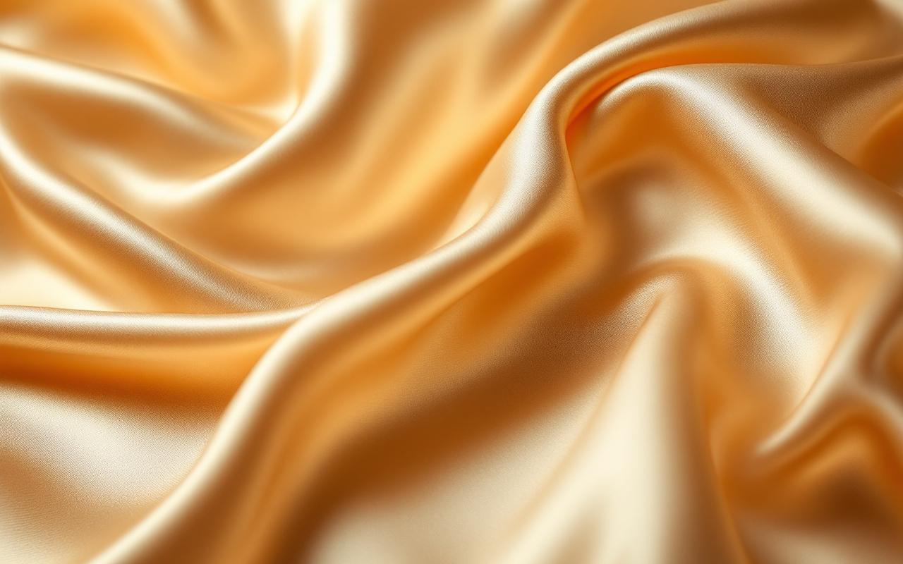 Gros plan sur la texture d'un tissu en satin, mettant en évidence la douceur et le brillant de la surface avec des tons beiges chauds et dorés, illuminé par une lumière douce.