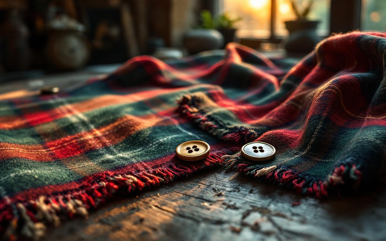 Gros plan sur un tissu tartan en laine et des boutons de manteau posés sur une table en bois, texture de tissage bien visible, coutures et bords légèrement effilochés, boutons vintage en corne et métal, lumière naturelle douce et ambiance chaleureuse, arrière-plan flou.